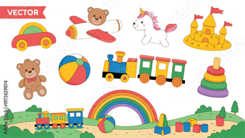 Colorful collection of cartoon animals and objects in a festive parade setting Vector
