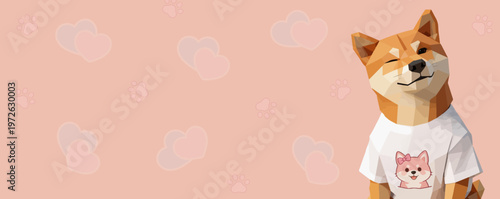 geometric style, vector illustration, pets banner with polygonal akita inu and pink heart paw print background