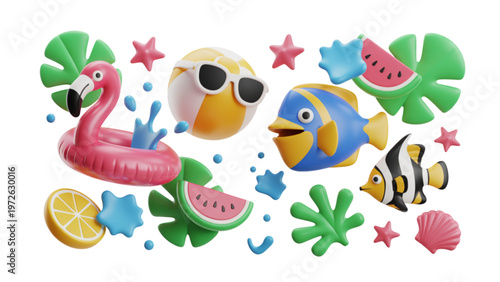 Colorful assortment of tropical fruits and summer drinks in playful illustrations Vector