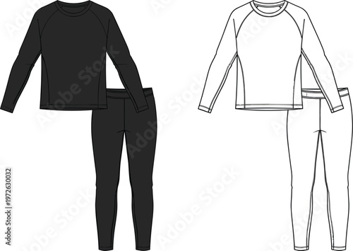 Thermal underwear set vector technical sketch featuring long sleeve raglan top and leggings in black and white for apparel design mockups.