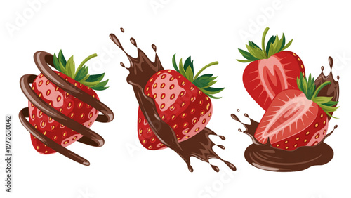 Freshly picked strawberries with vibrant red color and green leaves still attached Vector