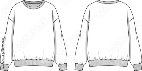 Technical fashion flat sketch vector of a crewneck sweatshirt featuring front and back views for apparel design development clothing manufacturing and garment spec sheets.