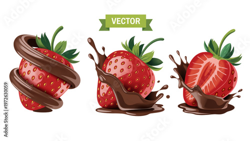 Fresh strawberries with vibrant green leaves and stems Vector