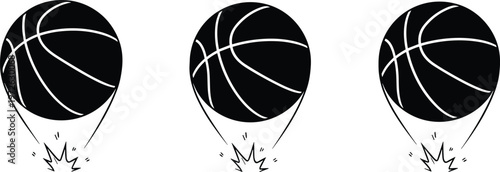 Black and white basketball bouncing illustration with three repeated balls, impact marks, motion energy, stylized sports graphic design artwork