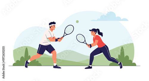 Athletic man and woman enjoy a competitive game of tennis on an outdoor court surrounded by a beautiful hilly landscape.