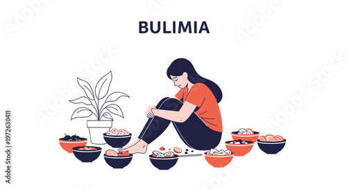 Distressed woman sits on the floor surrounded by many bowls of food representing the emotional struggle of living with bulimia.