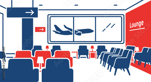 Airplane lounge interior, airport seating area, blue and red chairs, travel waiting room
