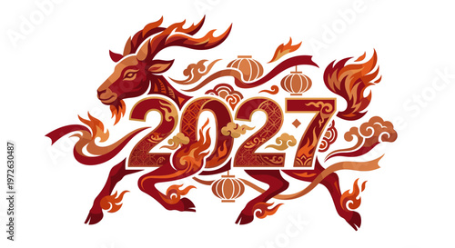 A running Chinese New Year Fire Goat 2027 races through lantern trails and swirling clouds to form a festive emblem charged with movement renewal luck and glowing red gold energy.
