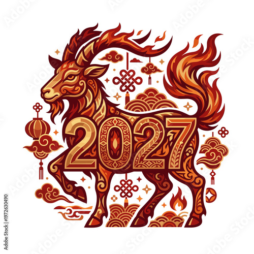 An ornate Chinese New Year Fire Goat 2027 illustration pairs carved numerals with lanterns cloud motifs and blazing curls to celebrate a prosperous lunar season with ceremonial warmth and fortune.