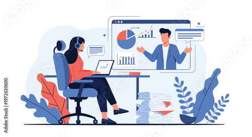 Woman participates in a remote business meeting by watching a presentation on a large screen while working on her laptop in the office.