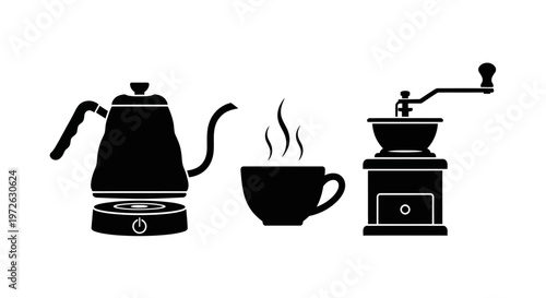 Coffee icons, coffee maker, coffee cup, coffee grinder, black silhouettes, vector graphics