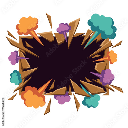 Comic blast crater framed by flying debris smoke puffs and jagged impact shards creates a bold action void for game alerts battle thumbnails explosive stickers and punchy promo graphics