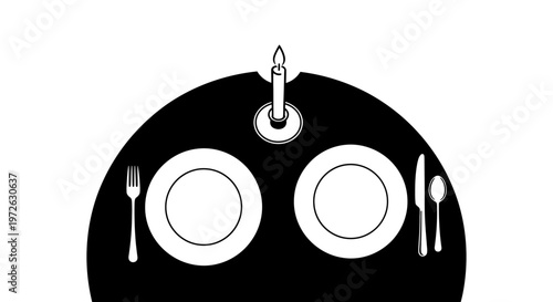 Dinner table setting, black placemat, white plates, silverware, candle, formal dining
