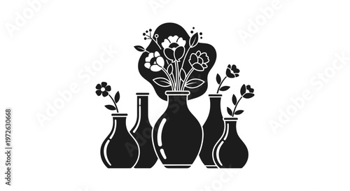 Black floral vases, vector vase illustrations, flower arrangements, decorative botanicals, monochrome icons