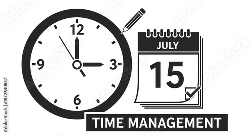 Time management, calendar, clock icons, productivity tools, organization symbols