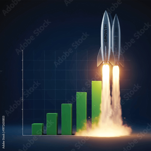 A rocket ship blasts off into the sky with a bar graph in the background showing rapid growth and success.