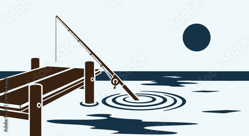 Fishing, dock, rod, water, moonlight, vector illustration, fishing scene, peaceful, serene, brown, blue
