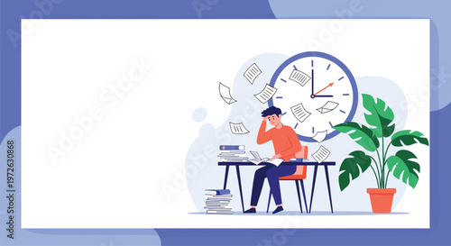 Stressed office worker sits at a cluttered desk with flying papers and a large clock showing an approaching project deadline.