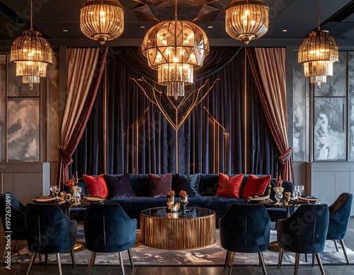 Elegant Art Deco Lounge with Plush Seating and Chandelier Lighting.