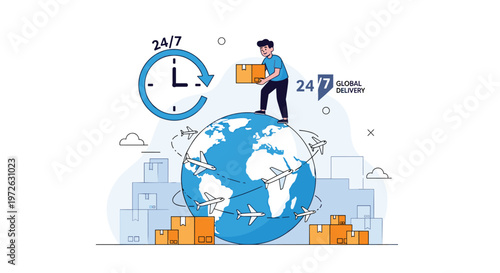 Logistic worker delivers a package while standing on a globe with airplanes flying around and a 24/7 service clock in the background.