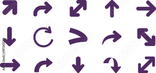 Arrow, purple icon set with curved and circular directions, navigation flow movement symbols, interface design elements, clean modern vector illustration.