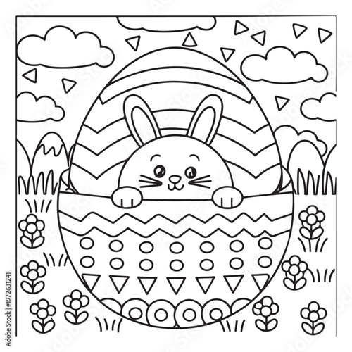 Detailed Easter Bunny and Eggs Scene Coloring Page - Black and White Line Art Illustration