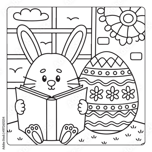 Detailed Easter Bunny and Eggs Scene Coloring Page - Black and White Line Art Illustration