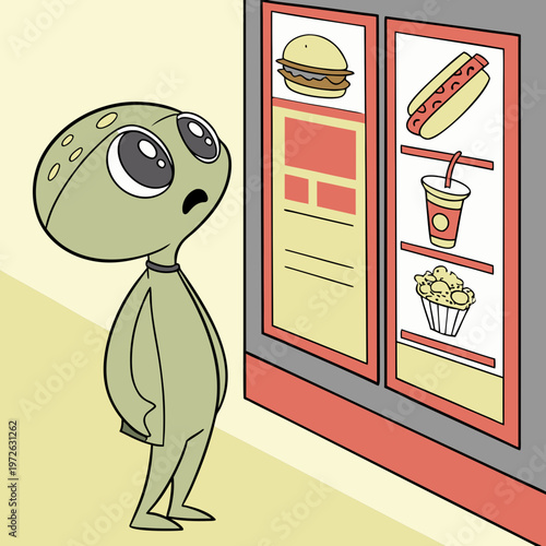 Curious cartoon alien staring at a fast food menu board with burgers, hot dogs, and drinks, image captures a humorous encounter with human culture, hot dog, science fiction, big eyes, pop art, sci
