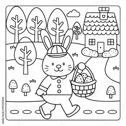 Detailed Easter Bunny and Eggs Scene Coloring Page - Black and White Line Art Illustration
