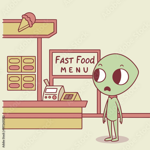 Confused green alien character looking at fast food menu at an outdoor stand illustration with menu board with cash register with ice cream with sci fi with pop culture with quick meal with alien life