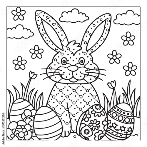 Detailed Easter Bunny and Eggs Scene Coloring Page - Black and White Line Art Illustration