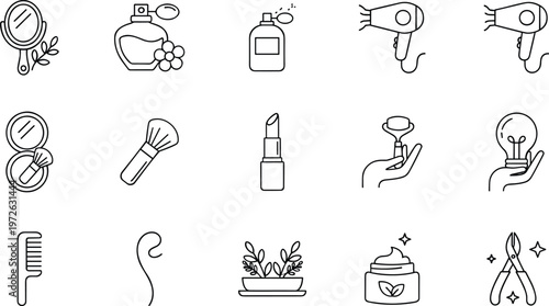 Vector set of minimalist thin line icons featuring beauty and self care symbols including hair dryer perfume and lipstick.