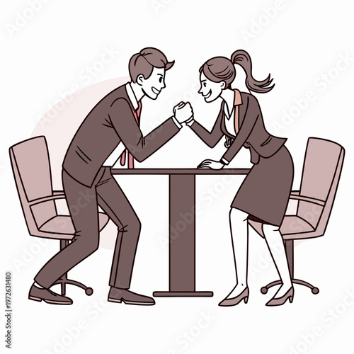 Business man and woman standing and arm wrestling at a table, symbolizing corporate competition and a test of strength in the professional environment, line art, business strategy, power play