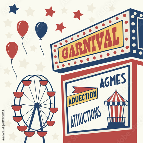 Vintage carnival fairground scene with ferris wheel, balloons, and illuminated signs, old fashioned