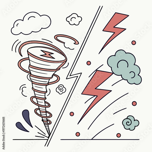 Illustrative comparison of powerful natural weather phenomena featuring a tornado versus a striking lightning bolt with an illustrative graphic comparing two potent natural weather phenomena