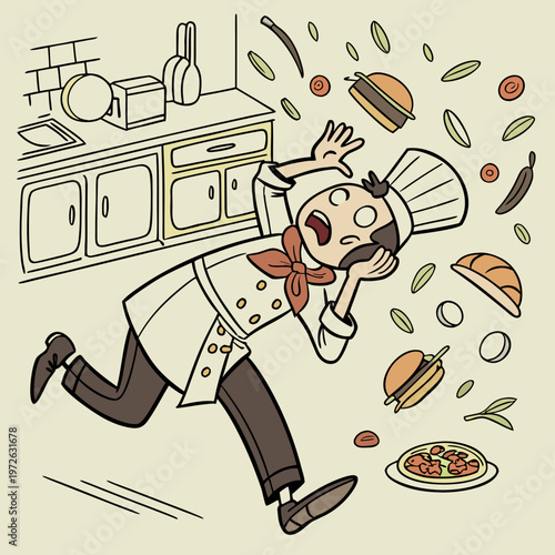 Panicked chef in kitchen surrounded by flying food and culinary chaos during a cooking accident with the chef's expression and posture convey extreme stress and a culinary disaster with fast food