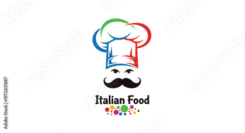 Italian food restaurant logo featuring a stylized chef hat with national flag colors and a classic black mustache on white background.