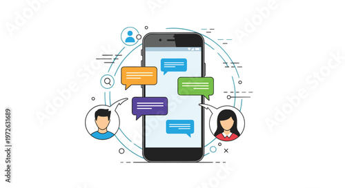 Mobile smartphone screen displaying instant messaging chat bubbles and user profile avatars for digital communication and social networking.