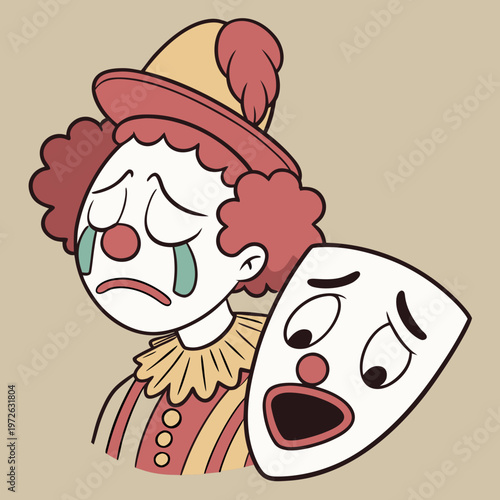 Crying clown holding a sad mask illustration expressing deep unhappiness and melancholy feelings with image emphasizes themes of profound sadness and melancholy with mental health with well being