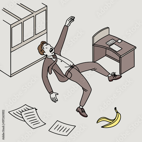 Businessman falling on a banana peel with scattered papers in an office setting illustration with the image portrays an unexpected and clumsy office accident