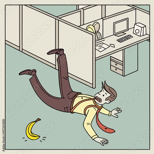 Businessman slipping on a banana peel in an office cubicle environment accident illustration with the scene depicts an unexpected workplace accident