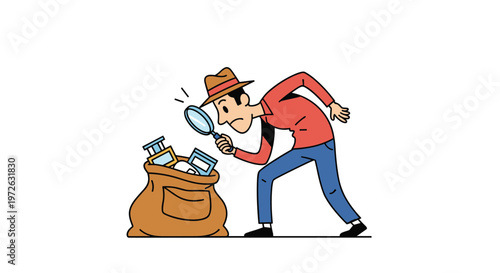 Cartoon detective wearing a brown hat and red shirt uses a magnifying glass to inspect evidence found in a large brown sack.
