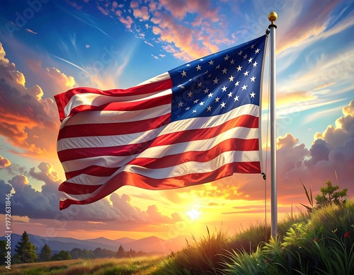 US flag waving against a vibrant sunset sky, atop a grassy hill, with distant landscape