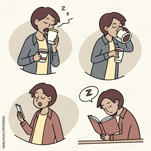 Set of illustrations depicting a man experiencing sleepiness, drinking coffee, and engaging in relaxed activities, coffee cup, reading book, daily routine, wake up, low energy, daily life, late night