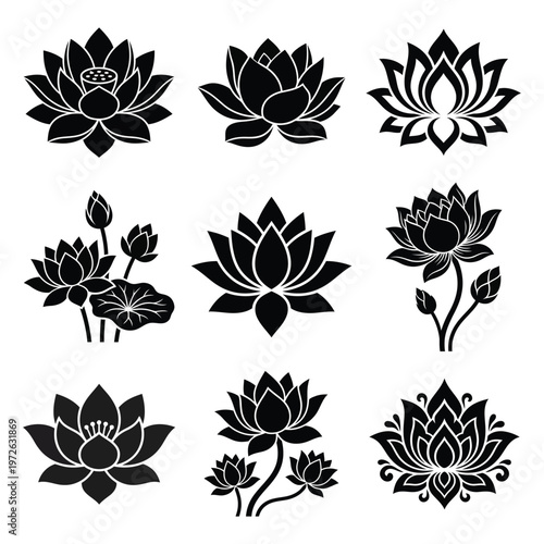 Lotus Flower Silhouette Set - 9 Minimalist Vector Tattoo Designs