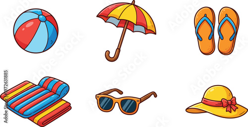 Colorful beach items for summer vacation  beach ball umbrella flip flops towels sunglasses hat
