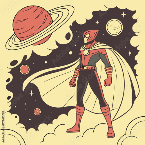 Powerful superhero in red and black suit posing in retro space environment with ringed planets and stars with science fiction with outer space with comic book