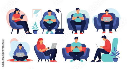 Set of various characters relaxing in armchairs while using electronic devices like laptops, tablets, and gaming controllers at home.