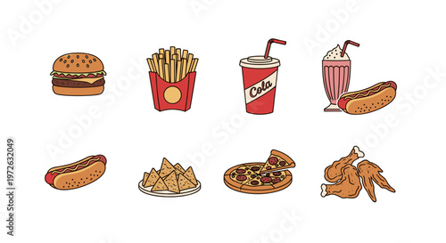 Collection of popular fast food items in a fun, cartoonish style