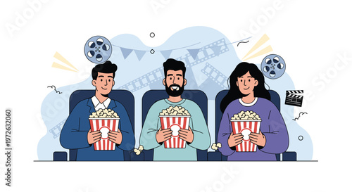 Happy group of three friends sitting in a cinema and eating popcorn while watching a movie on a decorated film background.
